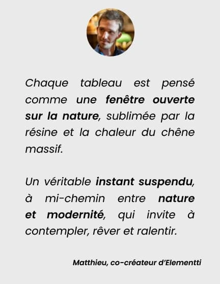 Tableau 25cm résine epoxy inclusion écorce naturelle cadre en chêne